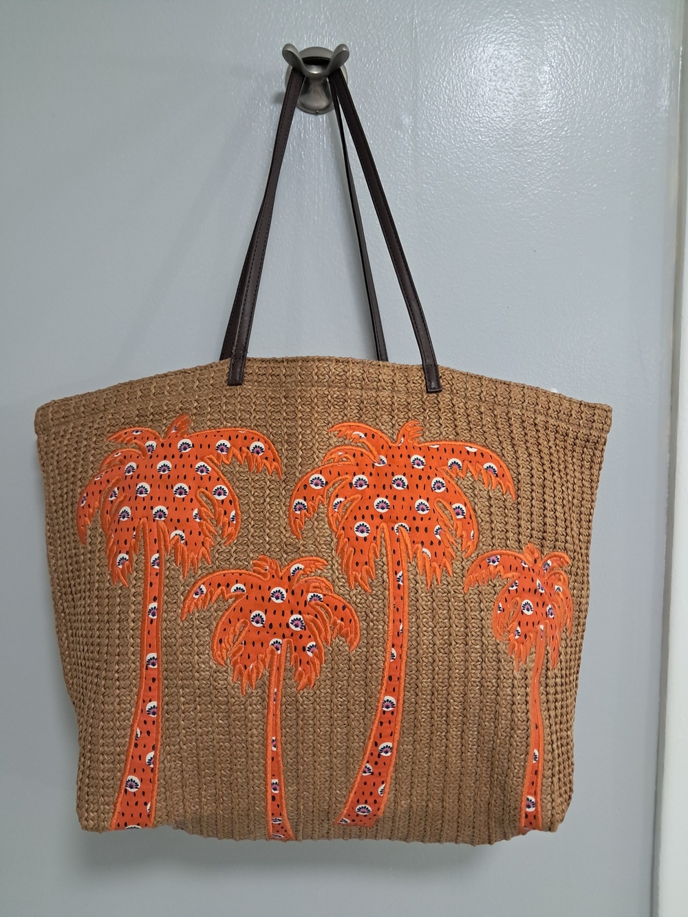 Vera Bradley Rio Rose Straw Beach Bag Shoulder Orange Palm Trees Appliques NEW - Picture 1 of 4